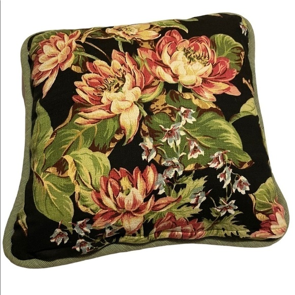 ACCENT pillow black botanical vivid floral green corded trim Grandmillenial - Picture 1 of 4